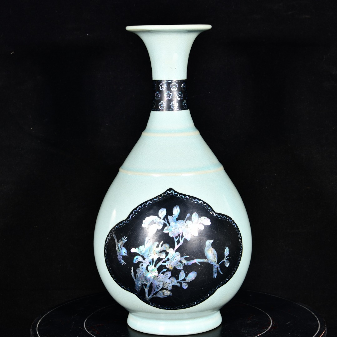 TX203■【宋汝窯 宣和殿款】清凉寺瑪瑙釉 貝売が嵌め 花鳥紋 玉壺春瓶 時代物 古玩 唐物 古陶磁器■拍卖