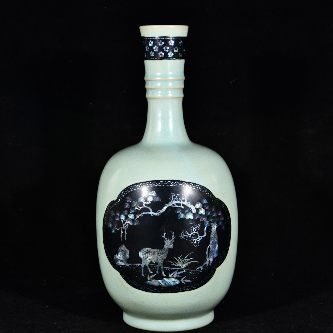 TX205■【宋汝窯 宣和殿款】清凉寺瑪瑙釉 貝売が嵌め 深見鹿紋浄水瓶 時代物 古玩 唐物 古陶磁器■拍卖