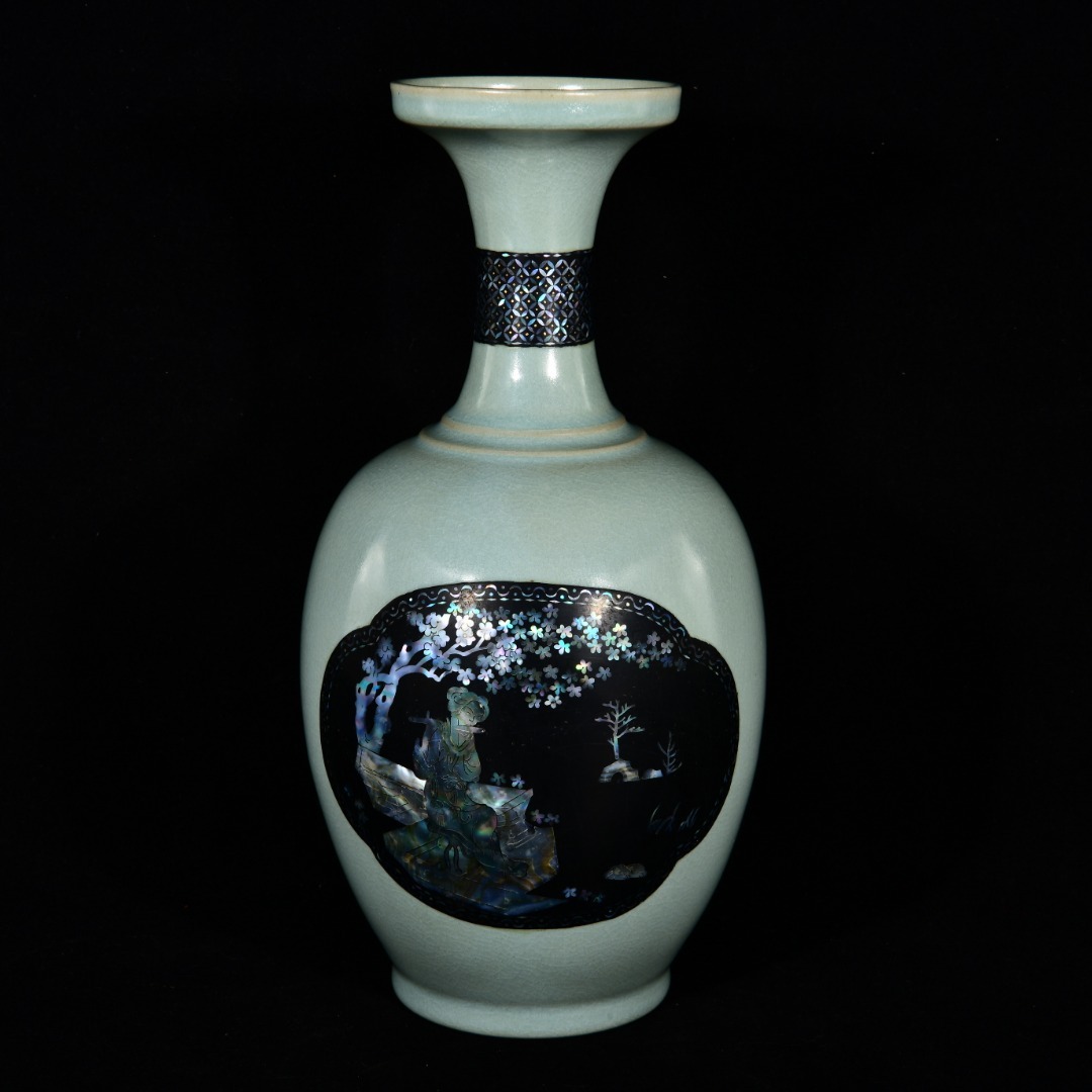 TX209■【宋汝窯 宣和殿款】清凉寺瑪瑙釉 貝売が嵌め 美人図浄水瓶 時代物 古玩 唐物 古陶磁器■拍卖