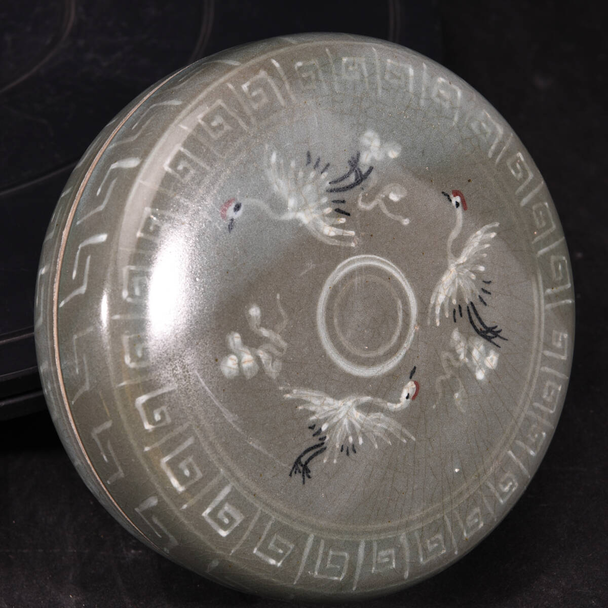 ■TC143■高麗青磁 象嵌鶴紋香合・蓋物 時代物 古玩 唐物 古陶磁器■拍卖