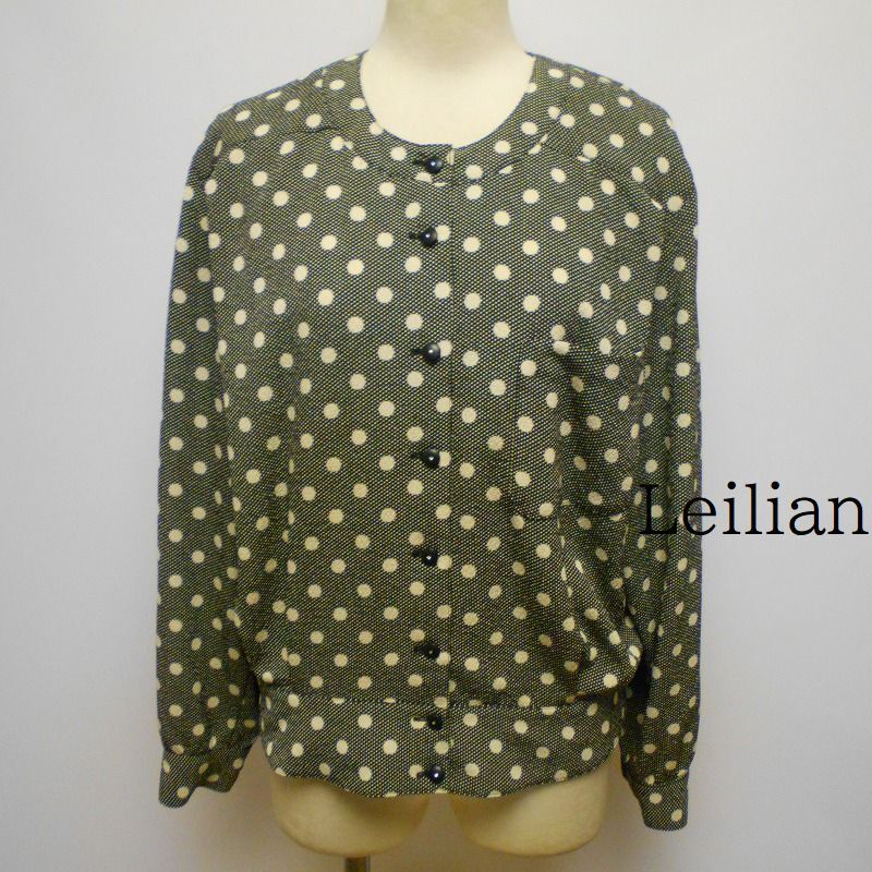 911860 Leilian レリアン 黒×白 ドット柄 長袖 シャツ ブラウス 13【クリックポスト可】拍卖