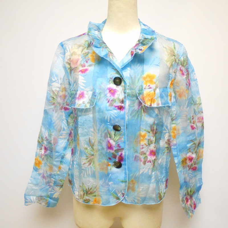 904251 INTER FASHION 水色 花柄 シースルー ジャケット カーディガン M【クリックポスト可】拍卖