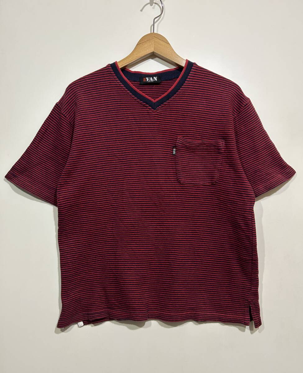 ★ MR.VAN ミスターヴァン Vネック 半袖 Tシャツ ポケT ポケット付き 細ボーダー 赤 黒 綿100% コットンカットソー 拍卖