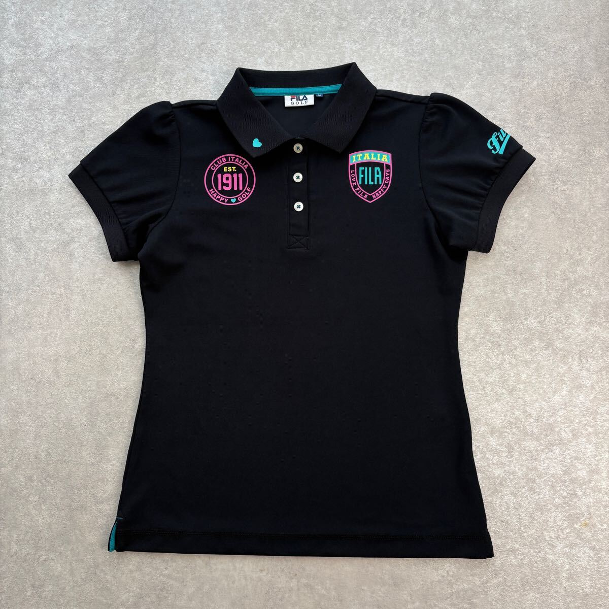 【美品】FILA GOLF フィラゴルフ レディース 半袖ポロシャツ プリントロゴ ブラック Mサイズ拍卖
