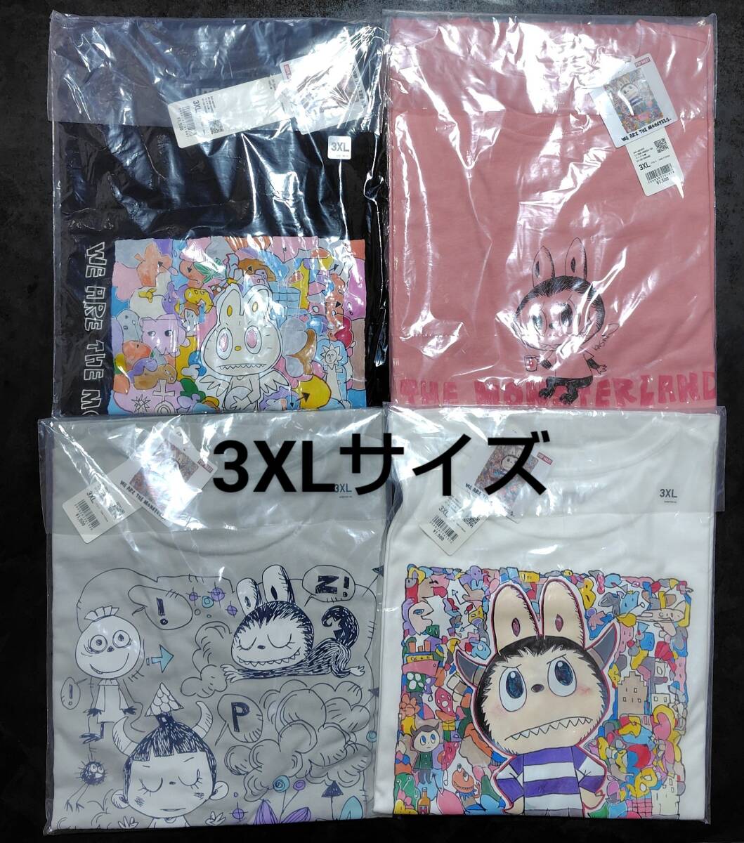 ザモンスターズユニクロコラボ限定Tシャツ新品タグ付きライトグレーホワイトブラックピンク3XLサイズPOPMARTUTラブブLABUBU拍卖