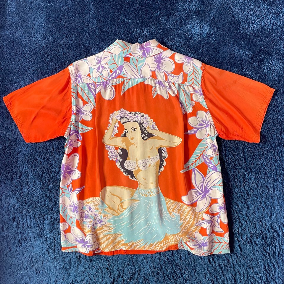送料430円 希少 旧リアルマッコイズ PINE McSWINE レーヨン アロハ M 美女 バックパネル フラガール オレンジ ハワイアン F&E拍卖