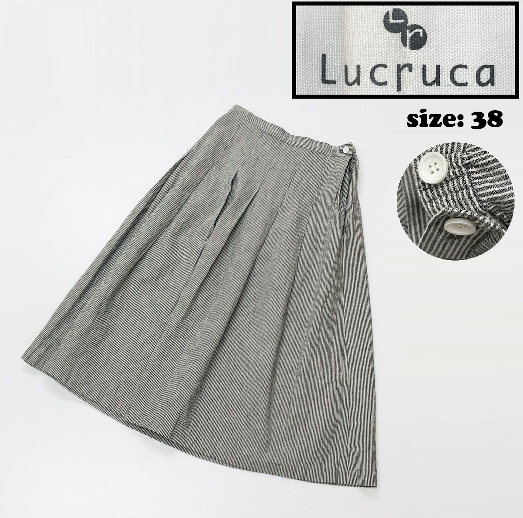 Lucruca【38】ストライプスカート 日本製 生地コットンリネン 綿麻 レディースカジュアル通勤個性的 グレー マツオ センソユニコ ルクルカ拍卖