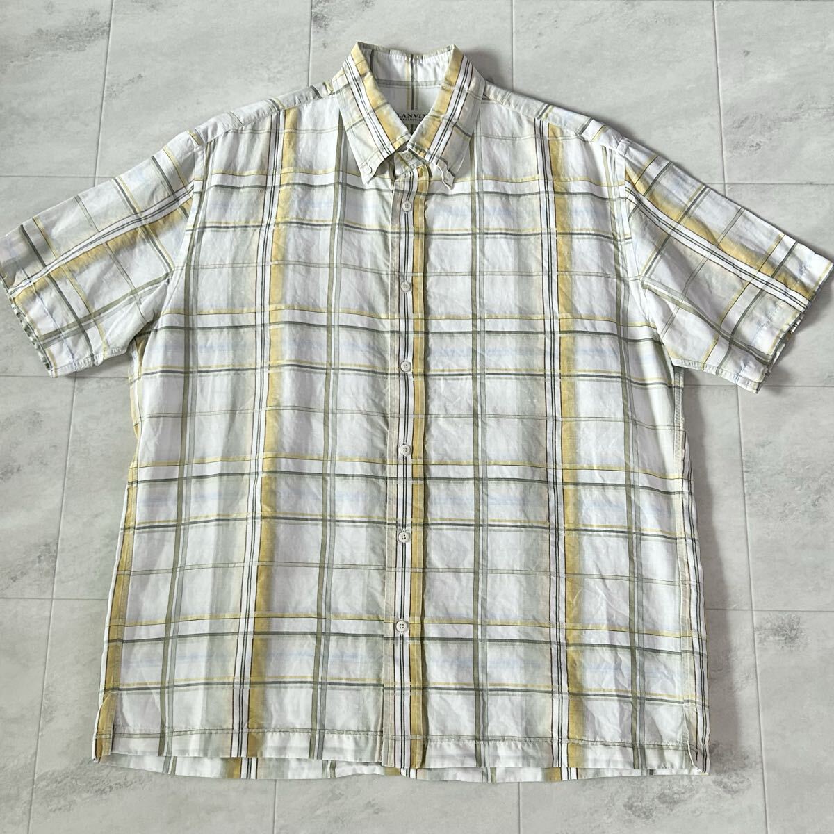 LANVIN COLLECTION ランバン リネン チェック 半袖シャツ 麻55% 綿45%拍卖