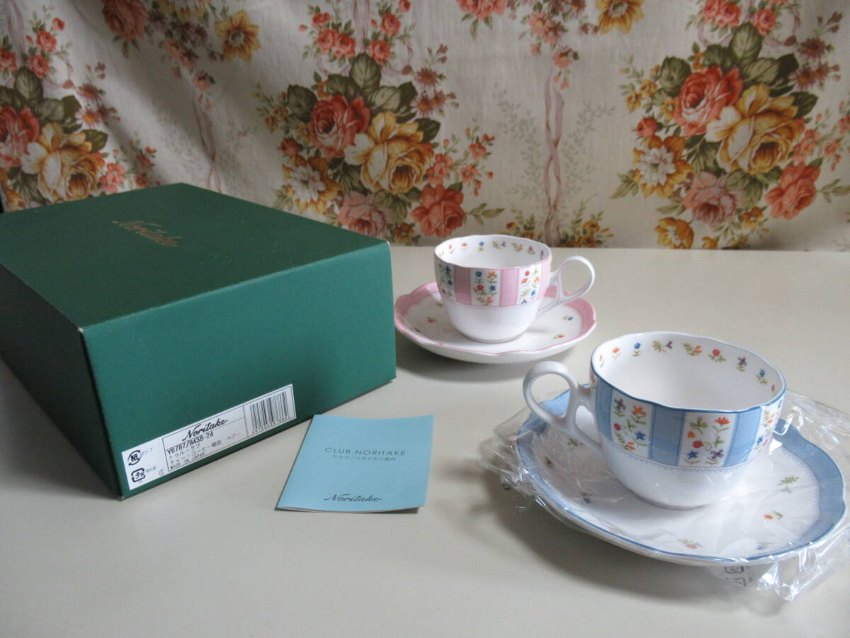 R7 08★カップ&ソーサー ペア 陶器製 ノリタケ TRUE LOVE トゥルーラブ ピンク ブルー 2個 セット拍卖