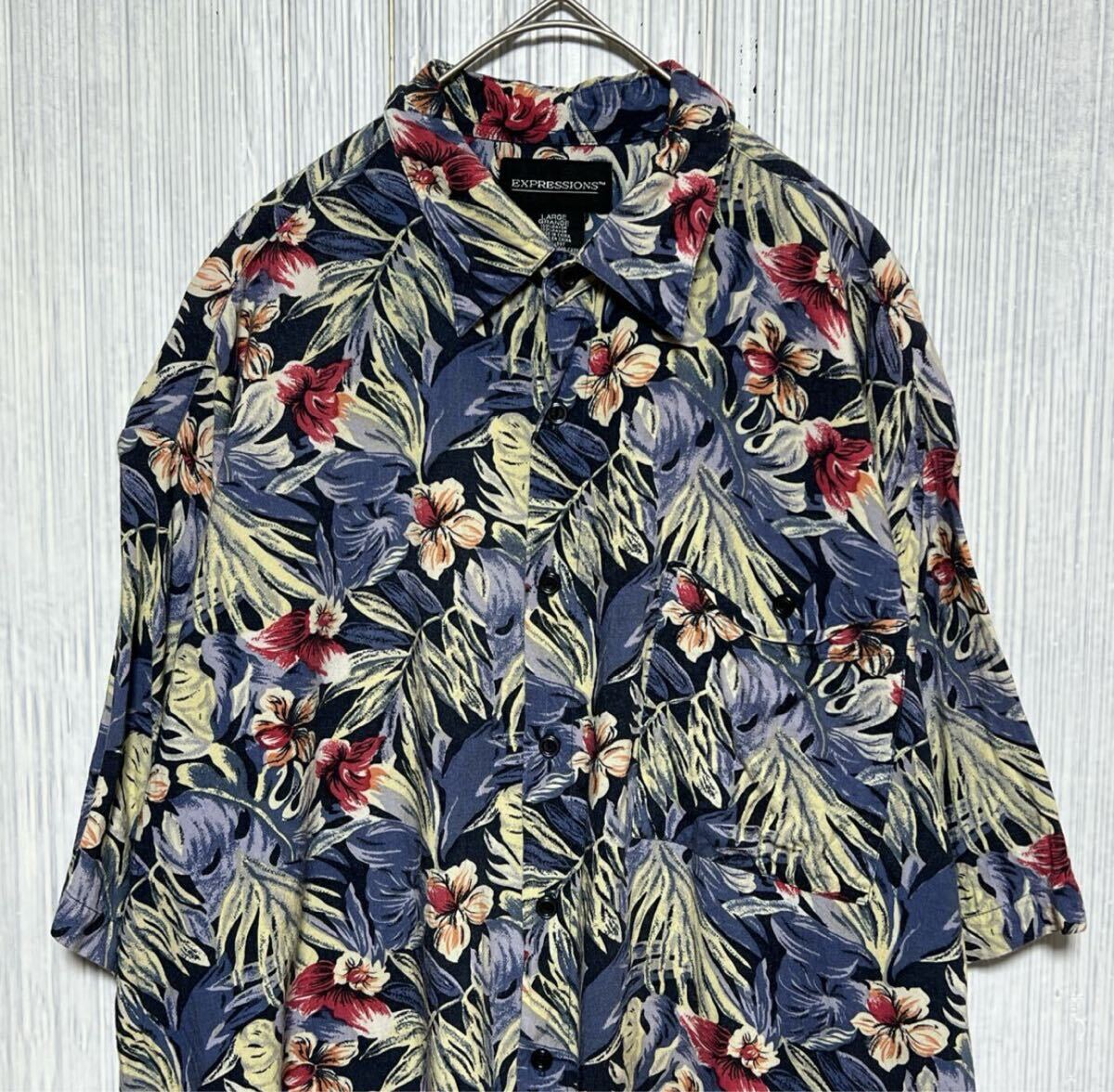 ★ EXPRESSIONS ハワイアンシャツ アロハシャツ 総柄 ボタニカル柄 レーヨン サイズL拍卖