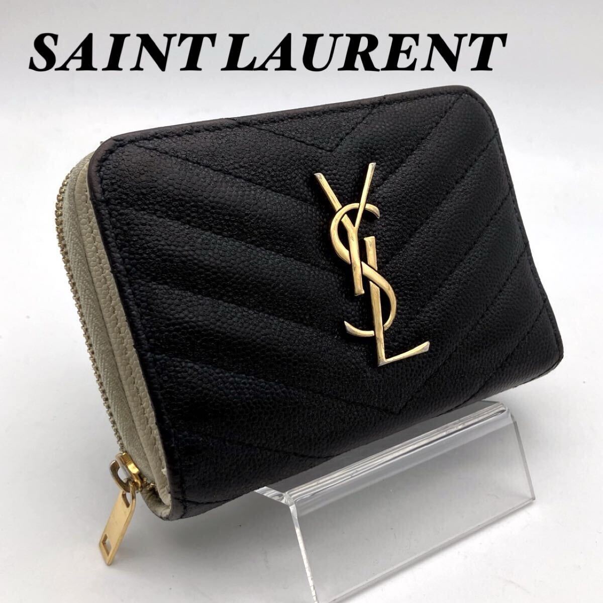 イヴ・サンローラン 財布 ラウンドジップ YSL 二つ折り ミニ財布 ブラック拍卖