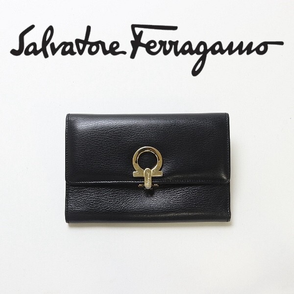 【HA78】◆Salvatore Ferragamo サルヴァトーレ フェラガモ レザー ガンチーニ金具 三つ折り 財布 ウォレット 黒 ブラック拍卖