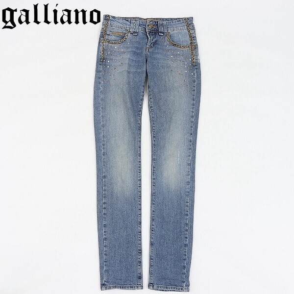 【HA112】◆John Galliano ジョンガリアーノ USED加工 ストレッチ スタッズ&ラインストーン ヒョウ柄テープ スキニー デニム パンツ 24/38拍卖