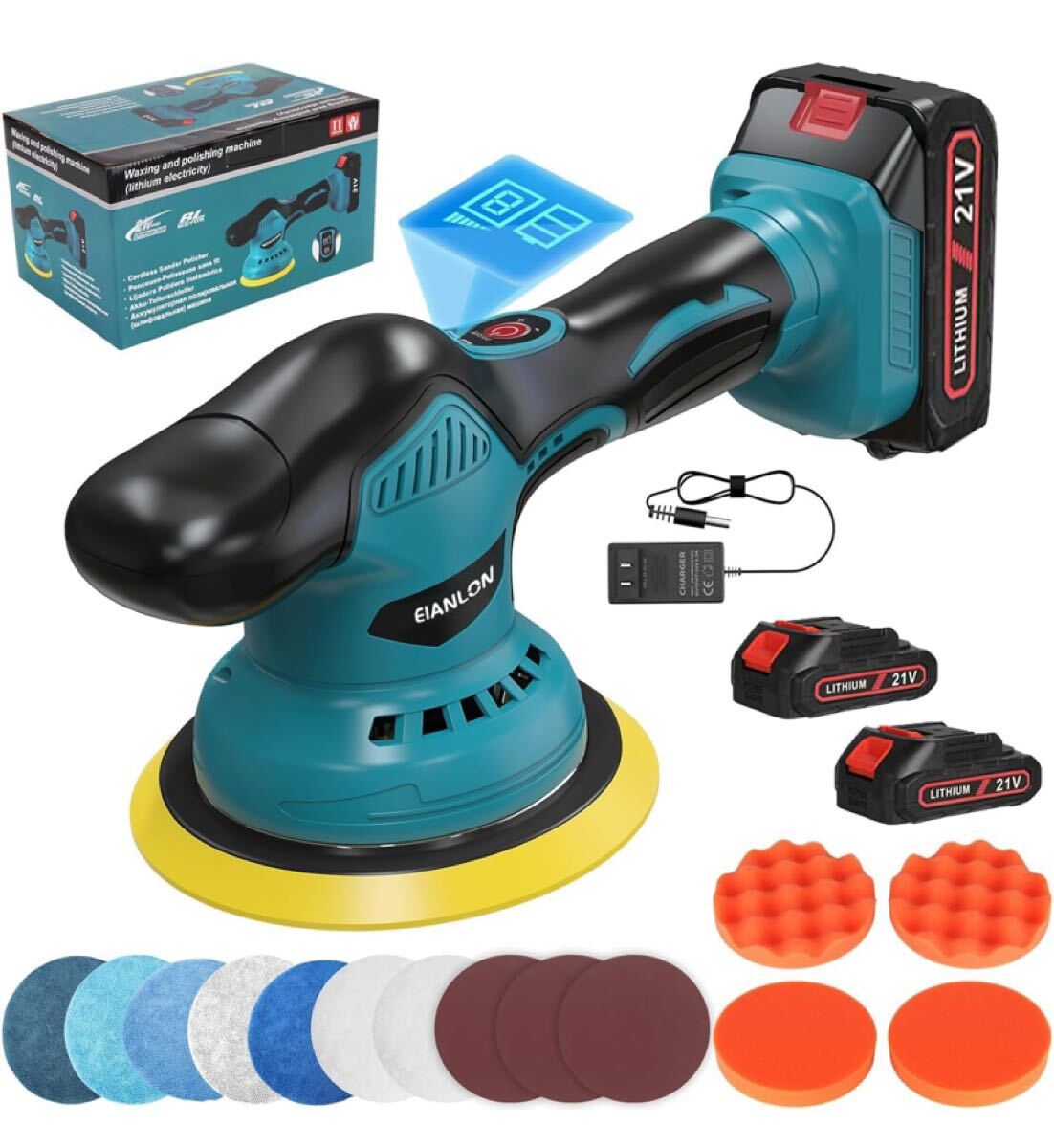 ポリッシャー EIANLON 車 電動ポリッシャー コードレス 6段階変速 充電式ポリッシャー 直径150mm 2.0Ah バッテリ一 2個搭載 マキタ18V拍卖