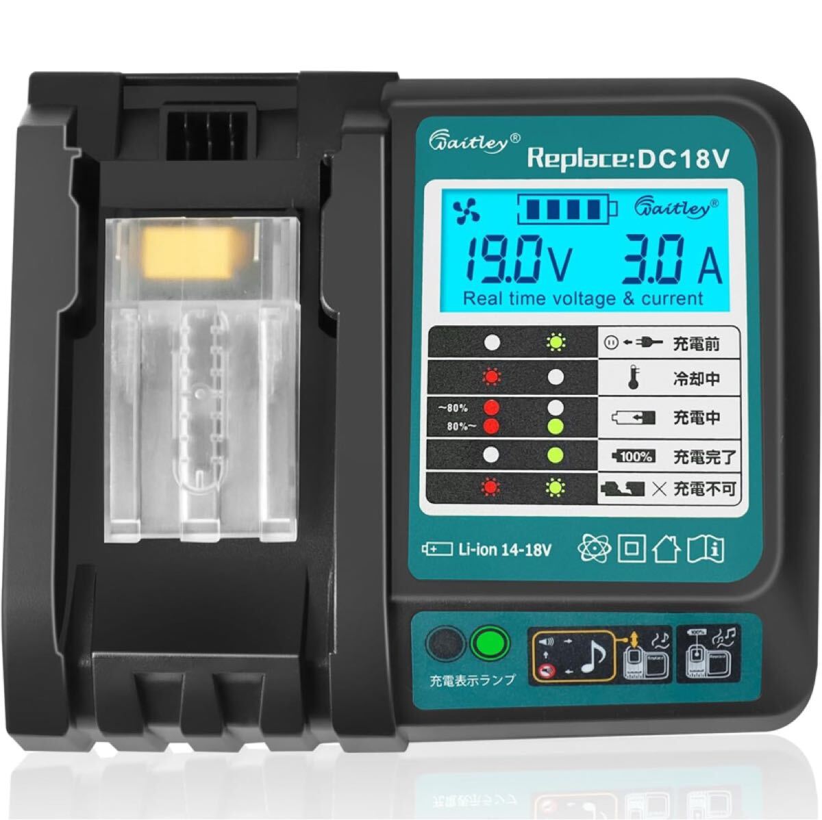 Waitley マキタ充電器 DC18V互換冷却ファン付き ブルーライト液晶パネル付き リアルタイム電流/電圧表示 マキタ拍卖