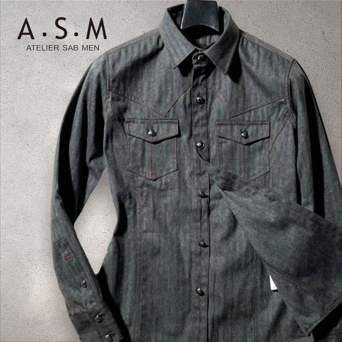 【新品未使用】A.S.M★アトリエサブメン★ヘリンボーン デニム ウエスタンシャツ ジャケット エンブレム釦 赤ステッチ M 19,950円を拍卖