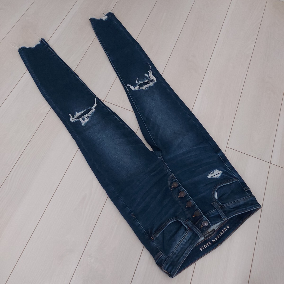 【美脚/ストレッチ】AE Next Level アメリカンイーグル スーパーハイライズ Jegging ダメージ スキニー デニムパンツ/6SHORT拍卖