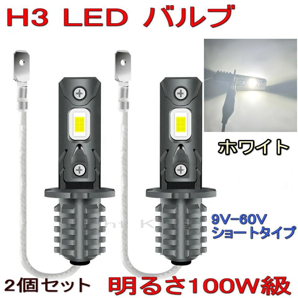 爆光 6000LM LEDバルブ 高輝度 NEWモデル H3 High Power 100W級 x 2球 フォグ ホワイト 白色 6000K 9V/60V ショートタイプ拍卖