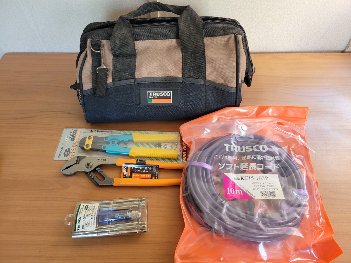 【まとめ売り】 TRUSCO トラスコ ミニカッター ウォーターポンププライヤー 検電器付ドライバーセット ソフト延長コード ツールバッグ 工具拍卖