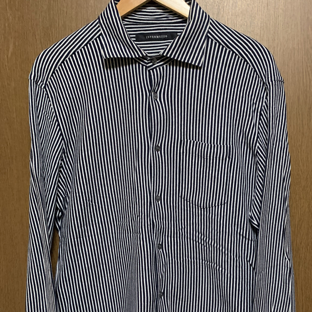 LL【INTERMEZZO|長袖シャツ】インターメッツォ ダークネイビー ストライプ レナウン ニットシャツ拍卖