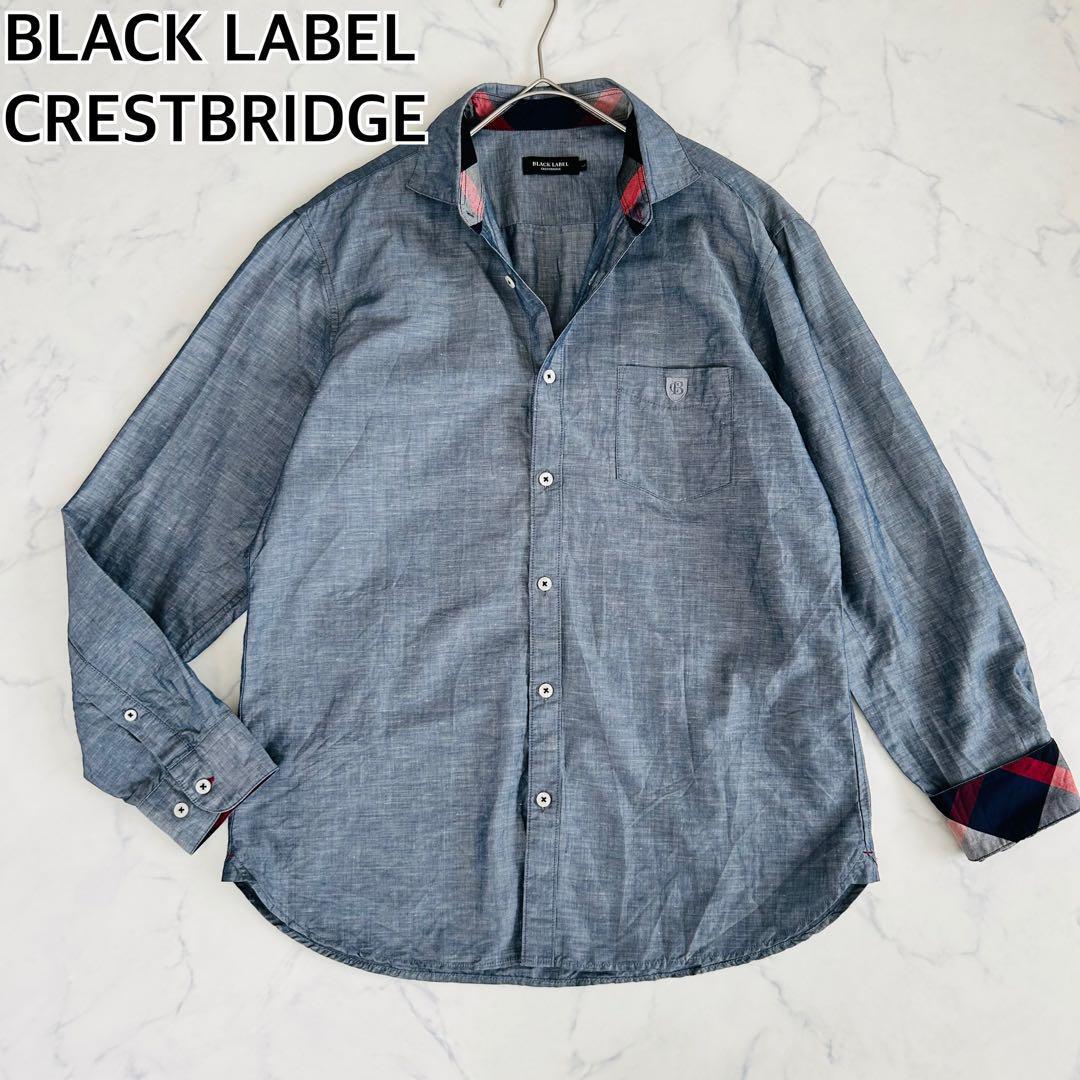 【美品】BLACK LABEL CRESTBRIDGE ブラックレーベルクレストブリッジ L リネン混 長袖シャツ ブランドロゴ刺繍 裏地チェック 拍卖