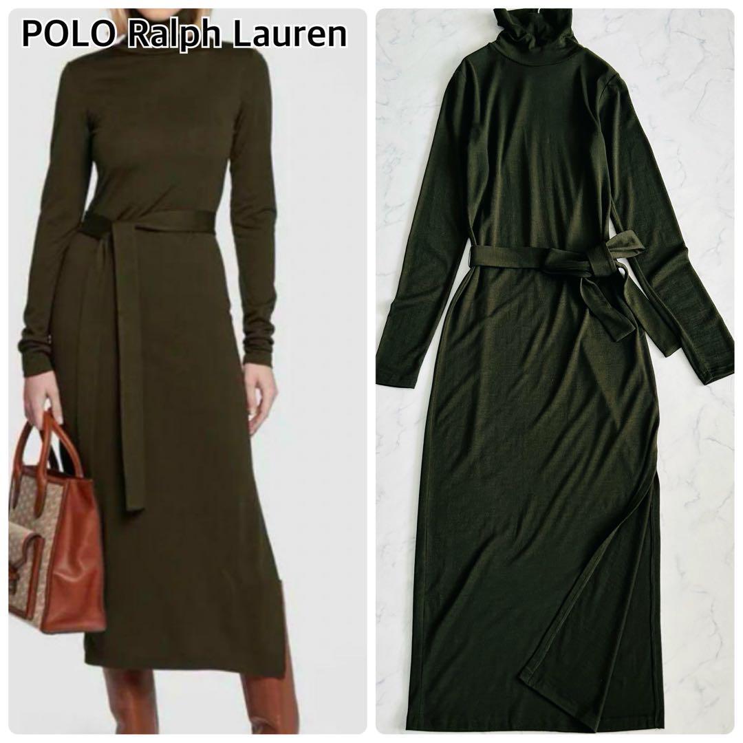 【近年モデル 美品】POLO RALPH LAUREN ポロラルフローレン ウールブレンドタートルネックワンピース マキシ丈 ロング カーキ L拍卖