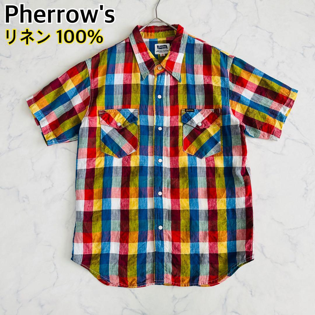 リネン 麻 100% Lサイズ Pherrow's フェローズ 半袖シャツ ウエスタン マルチカラー チェック 日本製拍卖