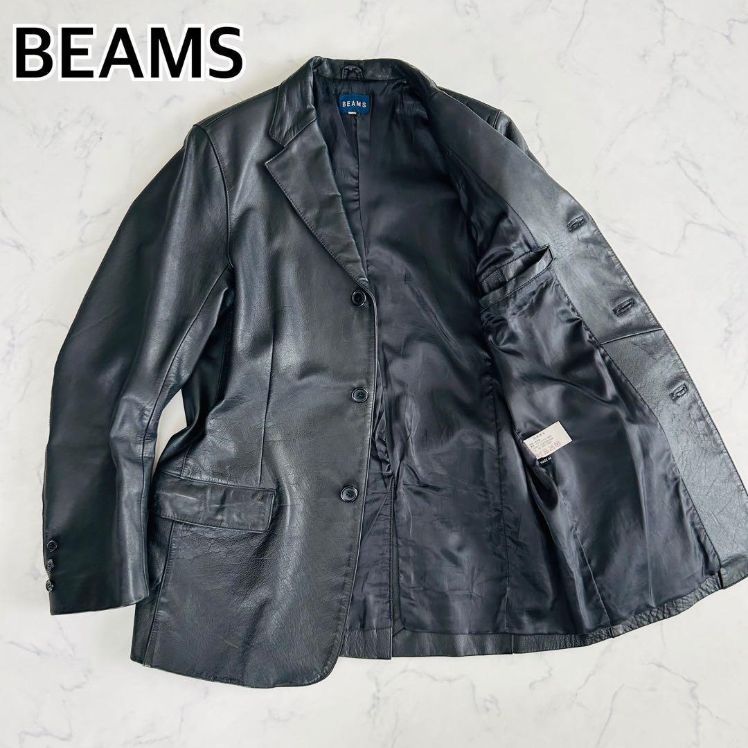【美品】BEAMS ビームス レザー 本革 テーラードジャケット 牛革 シボ革 シングル 二つボタン 2B ブラック  黒 M拍卖