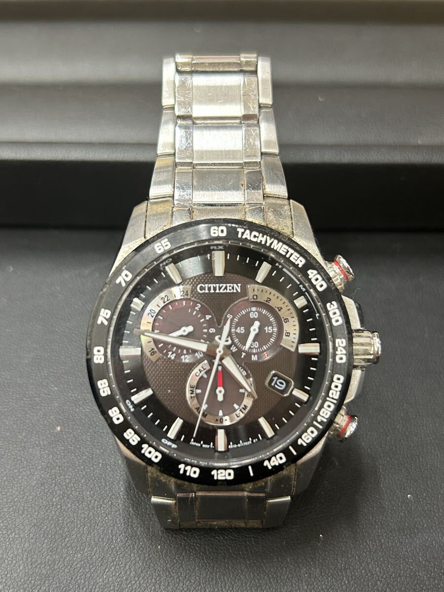 om/舞 3e155 CITIZEN クロノグラフ シチズン 稼働 E610-S104831 黒文字盤 ソーラー アテッサ拍卖