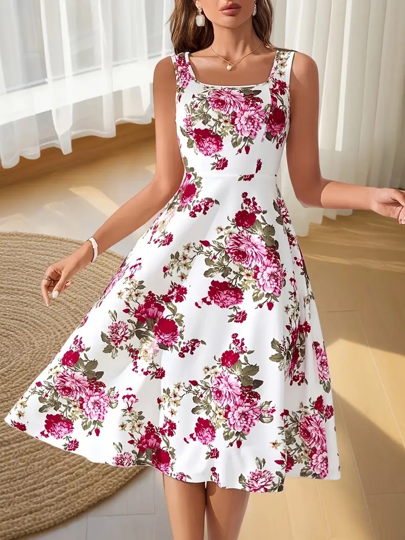 フローラルプリント Aラインワンピース タンクトップ 春夏 3Lサイズ (1573)拍卖
