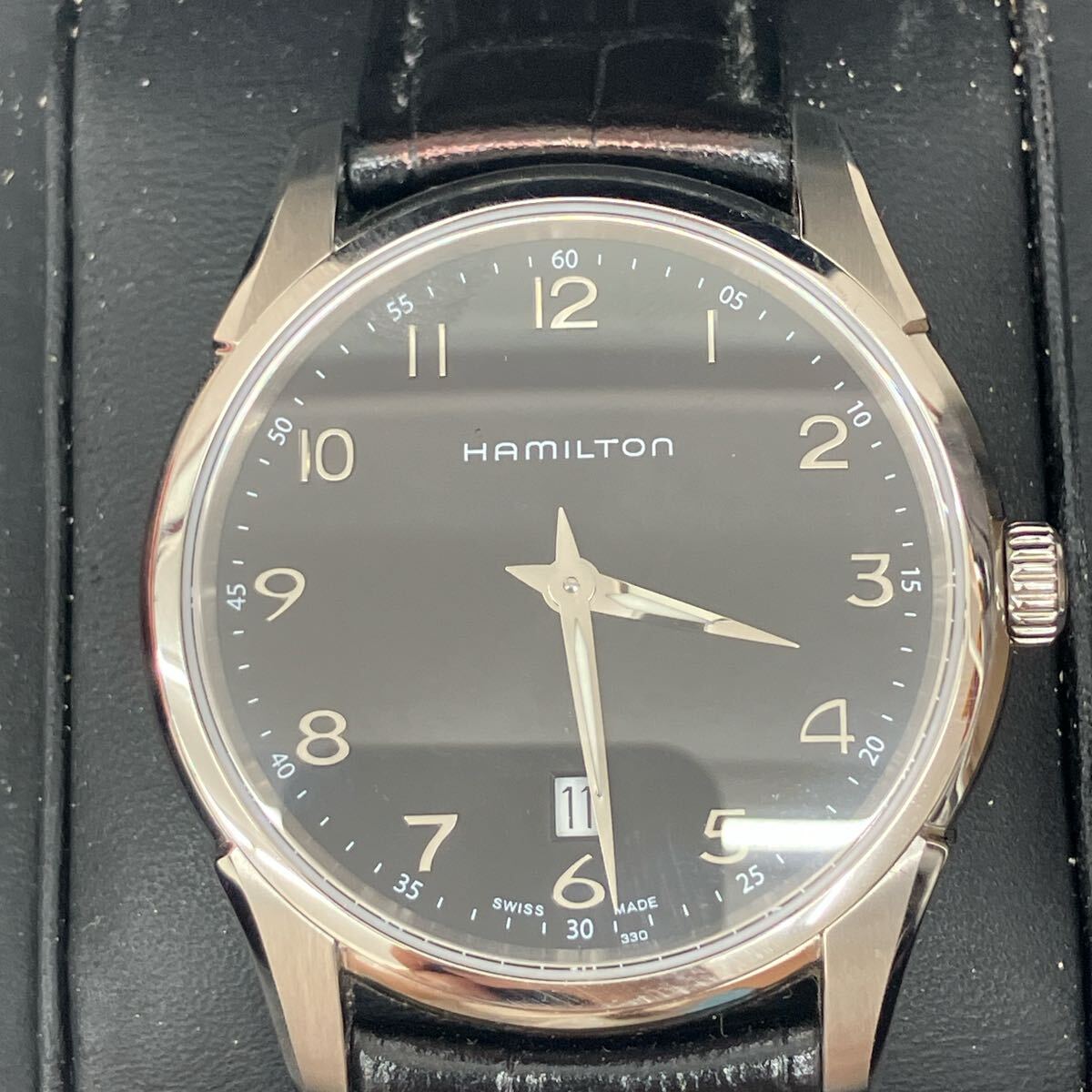 ハミルトン HAMILTON H-385111 本体美品 ベルト劣化 腕時計 デイト ブラック 箱付 シルバー 現在稼働【8295】拍卖