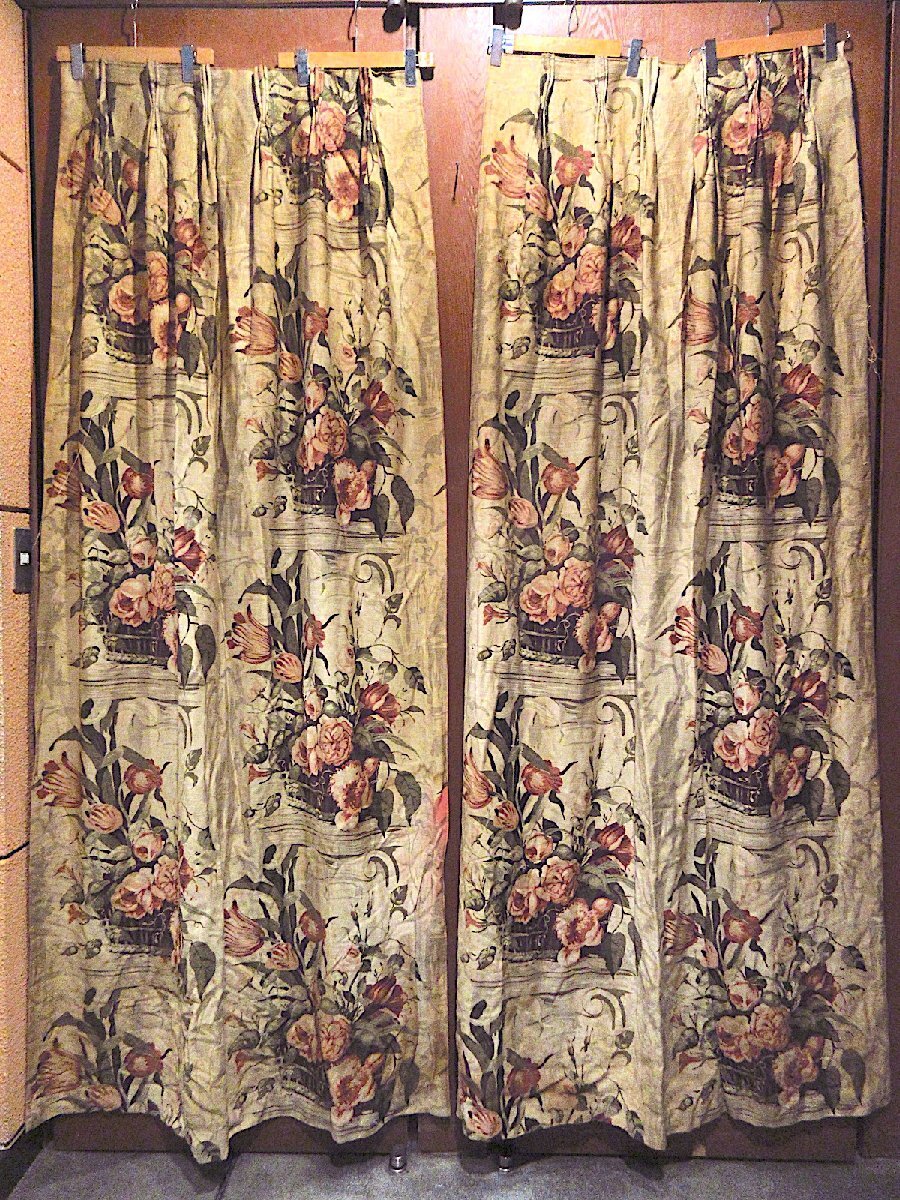 ビンテージ~40's●バーククロス花柄カーテン2点セットsize 約202cm × 約67cm●250818m1-fbr生地ファブリックインテリア雑貨拍卖