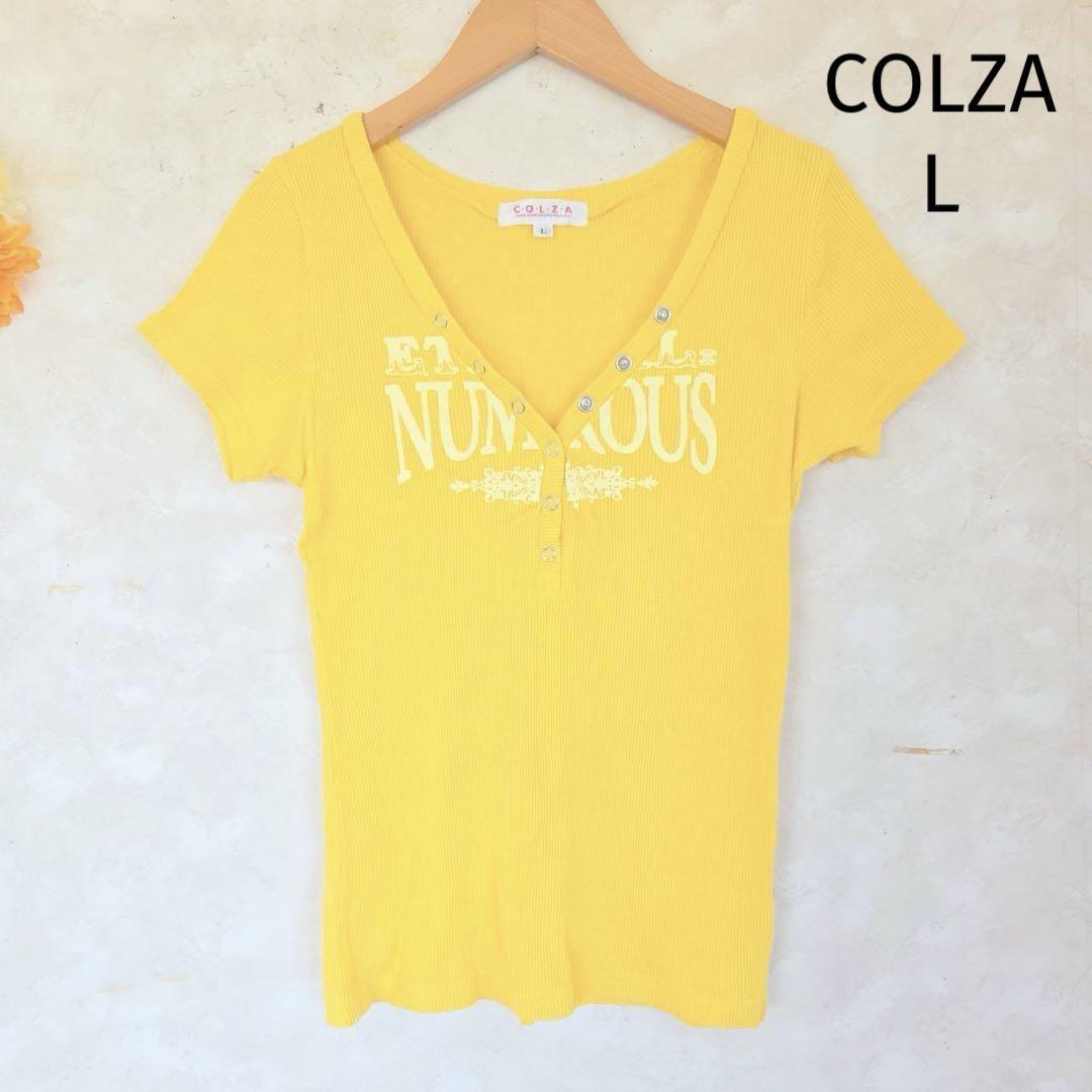 コルザ COLZA ニットTシャツ L 半袖 Vネック スナップボタン イエロー拍卖