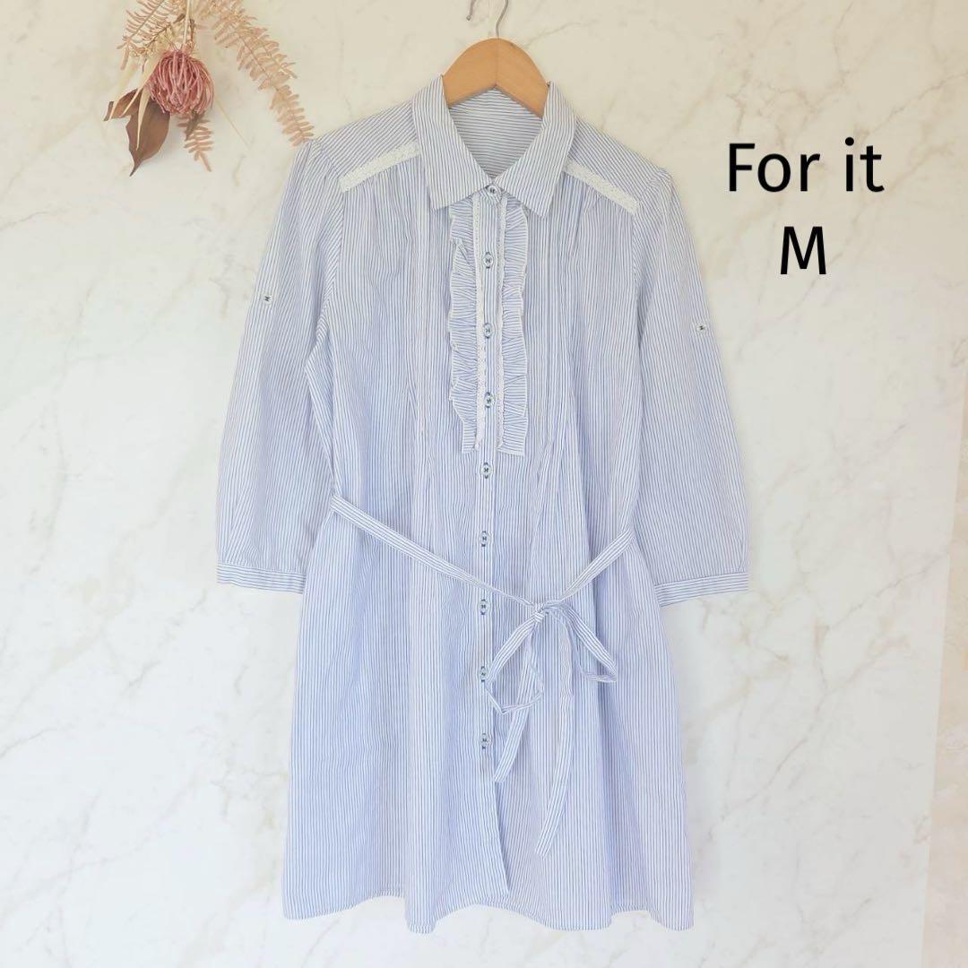 美品For it シャツワンピース M 膝上丈 ストライプ 七分袖 フリル拍卖