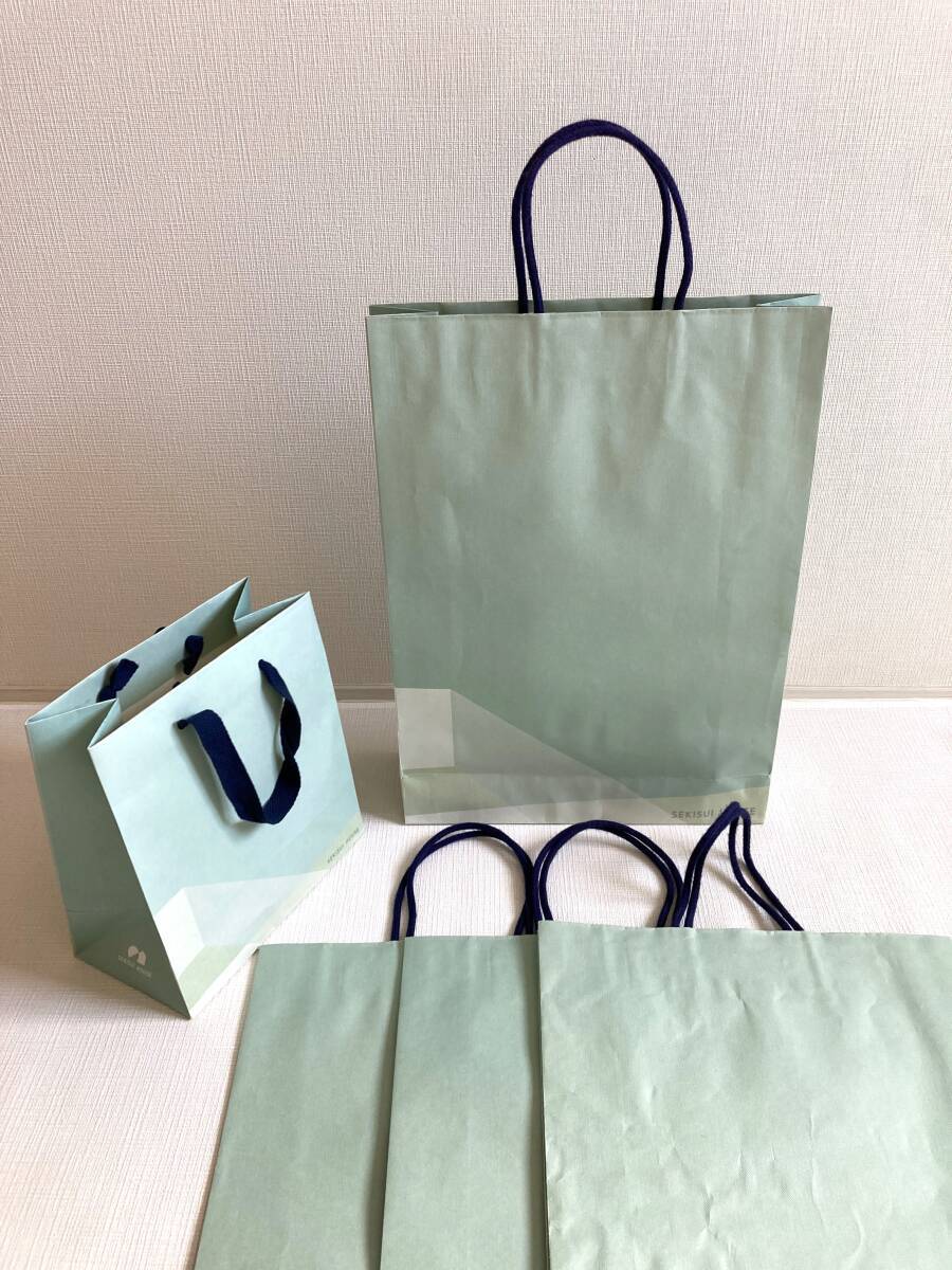 ハウスメーカー様の丈夫な紙袋 積水ハウス 紙袋 手提げ袋 5枚セット 4枚未使用 大/約450x320xマチ100mm 小/240x220xマチ120mm 緑系拍卖