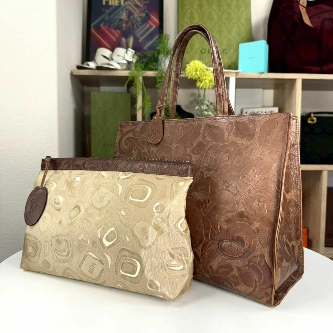 美品 IBIZA 名作 オールレザー 全面カービング風 トートバッグ拍卖