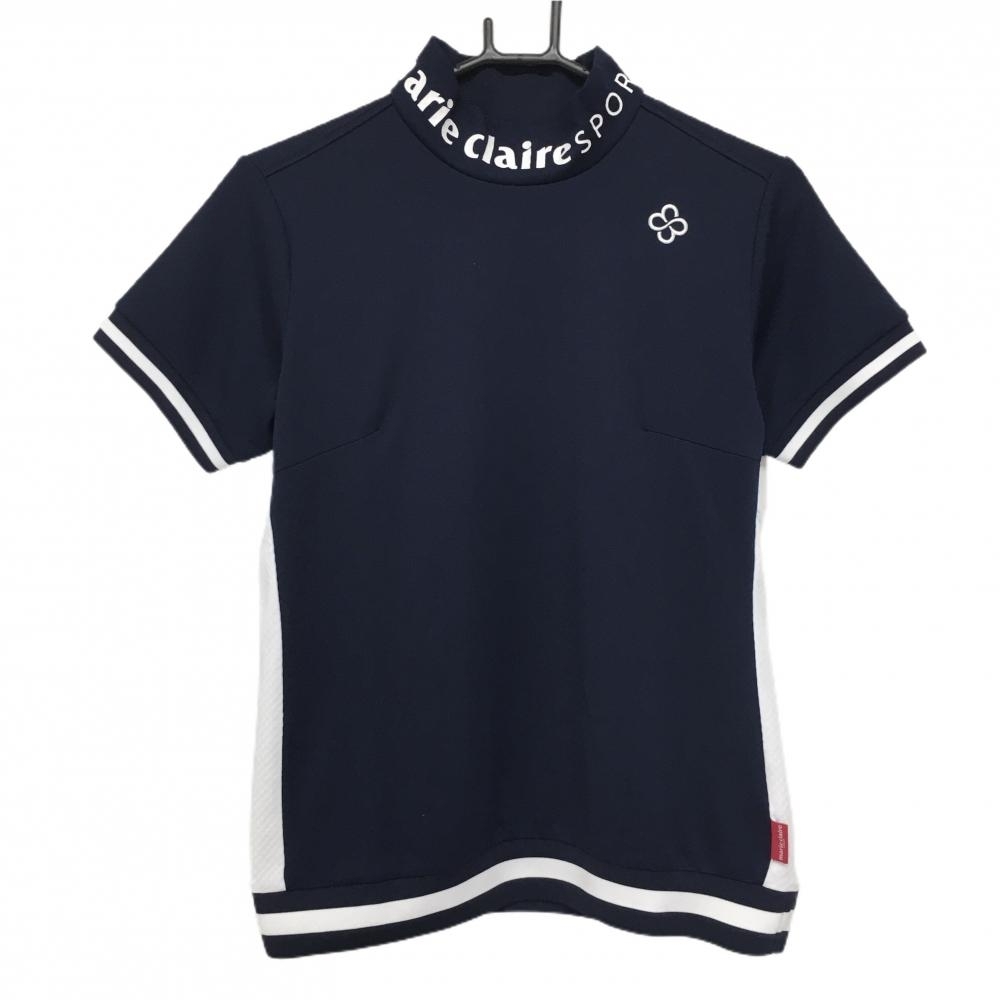 【美品】マリクレールスポール 半袖ハイネックシャツ ネイビー×白 ネックロゴプリント 地模様 レディース L ゴルフウェア marie claire拍卖