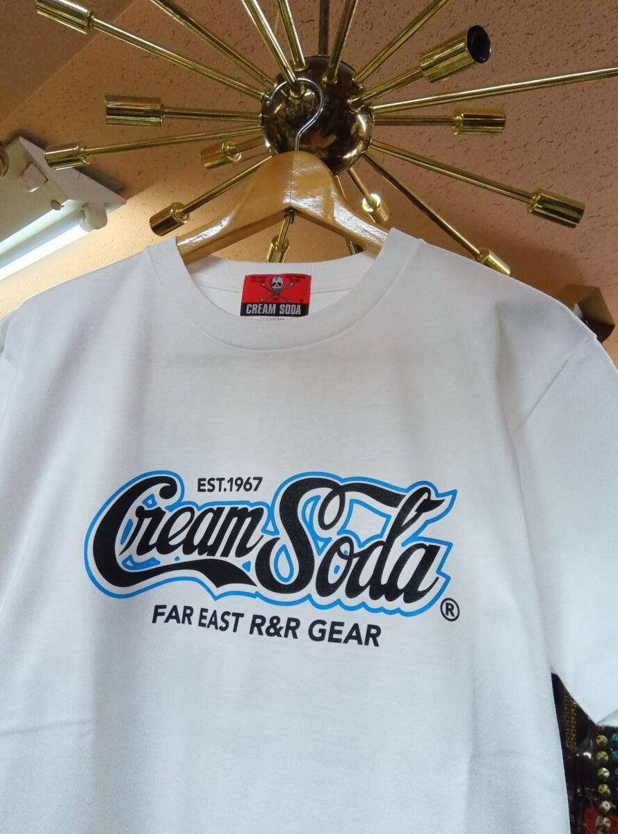 Mサイズクリームソーダカーシブ アウトラインTシャツ白検索用CREAM SODAロカビリーブラックキャッツマジックピンクドラゴン昭和レトロ髑髏拍卖