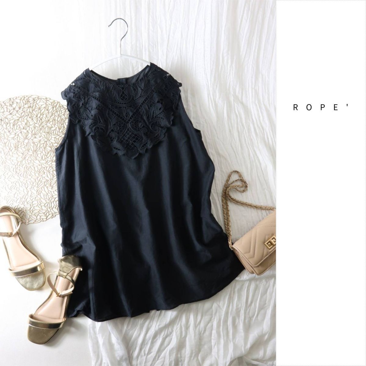 2万☆ロペ ROPE'☆洗える コットンシルク エンブロイダリーノースリーブブラウス 38サイズ☆A-O 4714拍卖