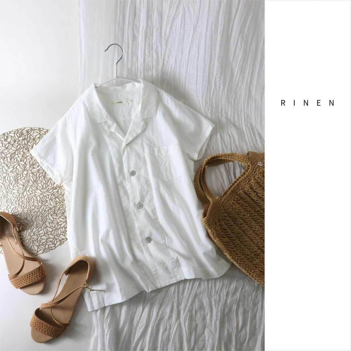 リネン RINEN☆洗える 綿100% オーバーサイズ 開襟シャツ 1サイズ 日本製☆A-O 4707拍卖