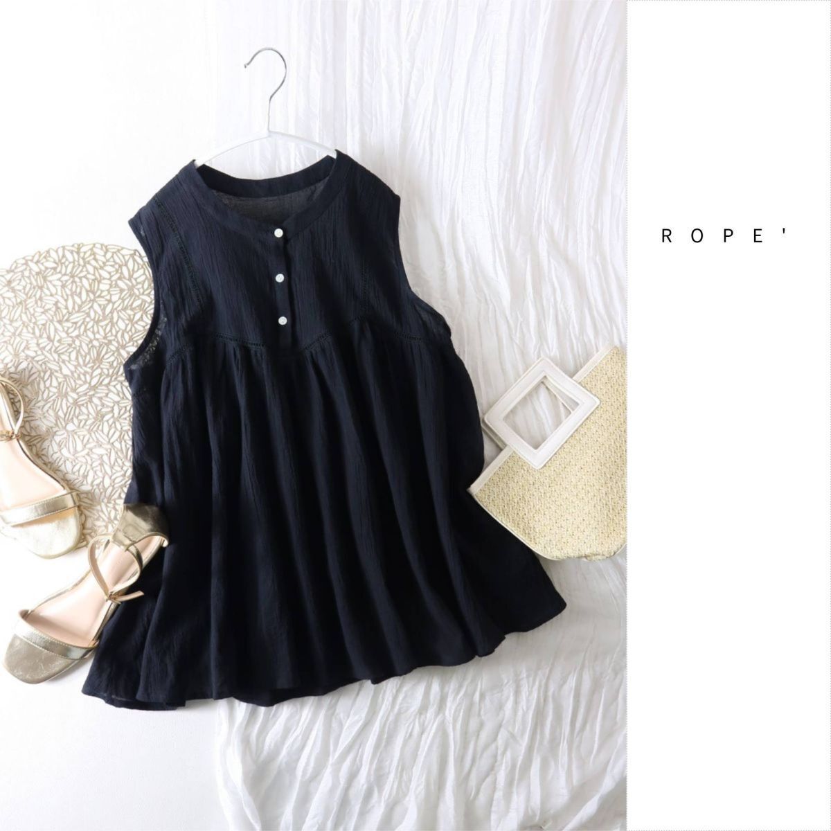 ロペ ROPE'☆洗える 綿100% はしごレース ノースリーブ ギャザーブラウス 38サイズ☆A-O 4597拍卖