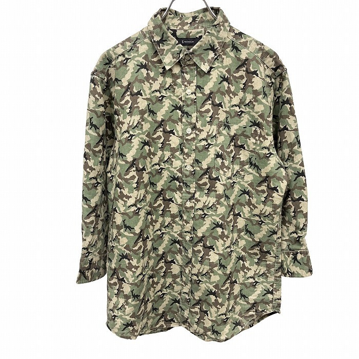 レイジブルー RAGEBLUE シャツ ウッドランドカモ 迷彩柄 7分袖 胸ポケット 麻×綿 リネン×コットン M 緑×茶×ベージュ×黒 メンズ拍卖