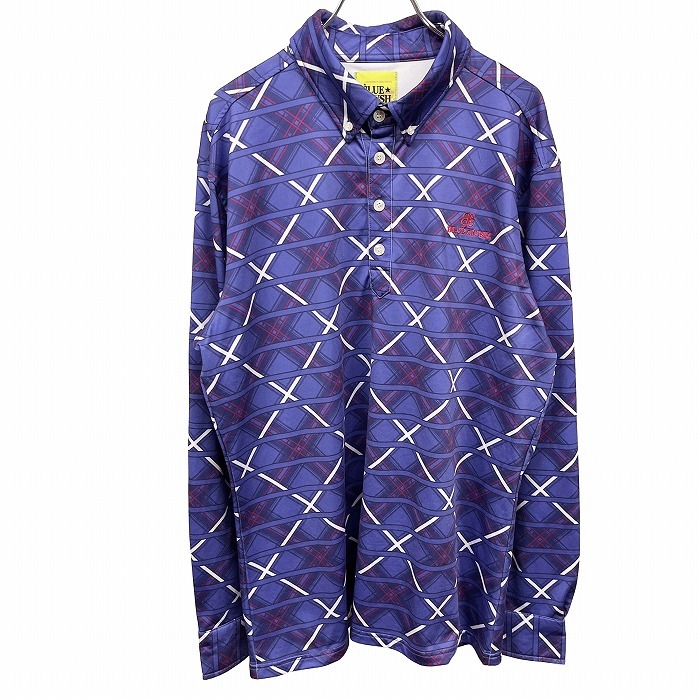 BLUE CRUSH ポロシャツ ボタンダウン ボーダー×チェック 内側が微起毛 長袖 ポリ100% XL LL ネイビー 紺×レッドピンク×白 メンズ拍卖