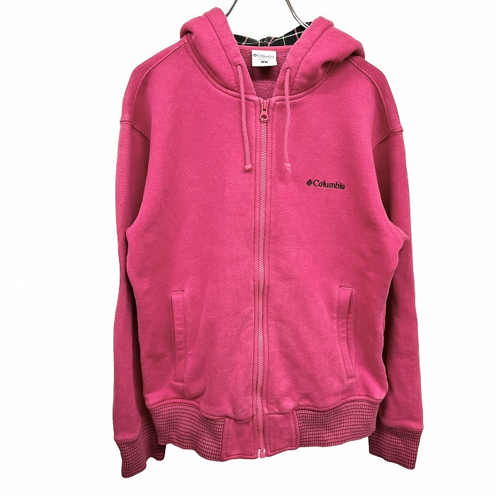 コロンビア パーカー ジップアップ スウェット 裏起毛 長袖 フードにチェック柄裏地 綿×ポリ S パッションピンク ピンク×黒×黄 メンズ拍卖