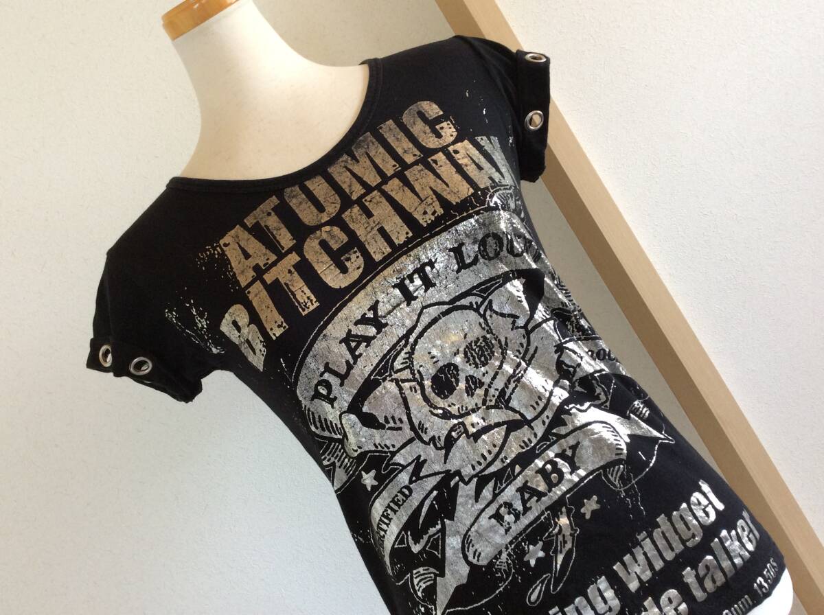 即決 “地雷女”Tシャツ ATOMIC BITCHWAX 黒×シルバー箔プリント レターパックライト込 スカルモチーフ 8月25日初出品拍卖