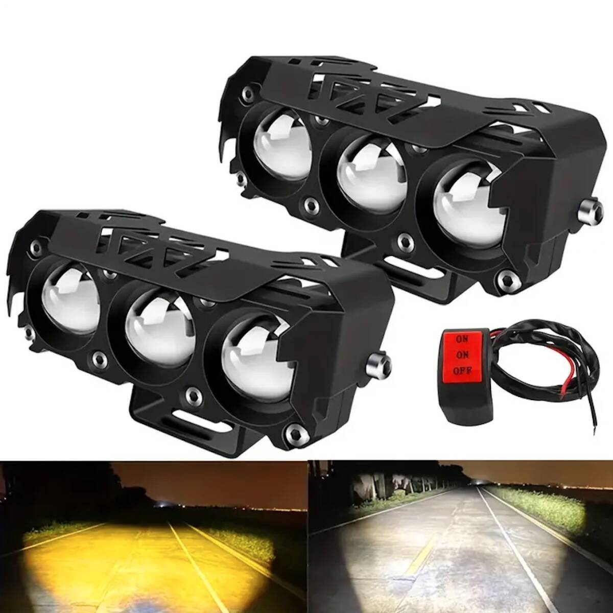 2個セット ヘッドライト ホワイト イエロー フォグランプ 3レンズ LED スイッチ付き バイク 12-36V 車用 ハイビーム ロービーム t896拍卖