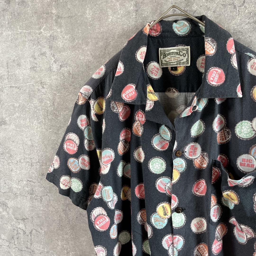 Houstonビンキャップ柄シャツ 半袖開襟 スクエアテイル Lサイズメンズ 黒拍卖