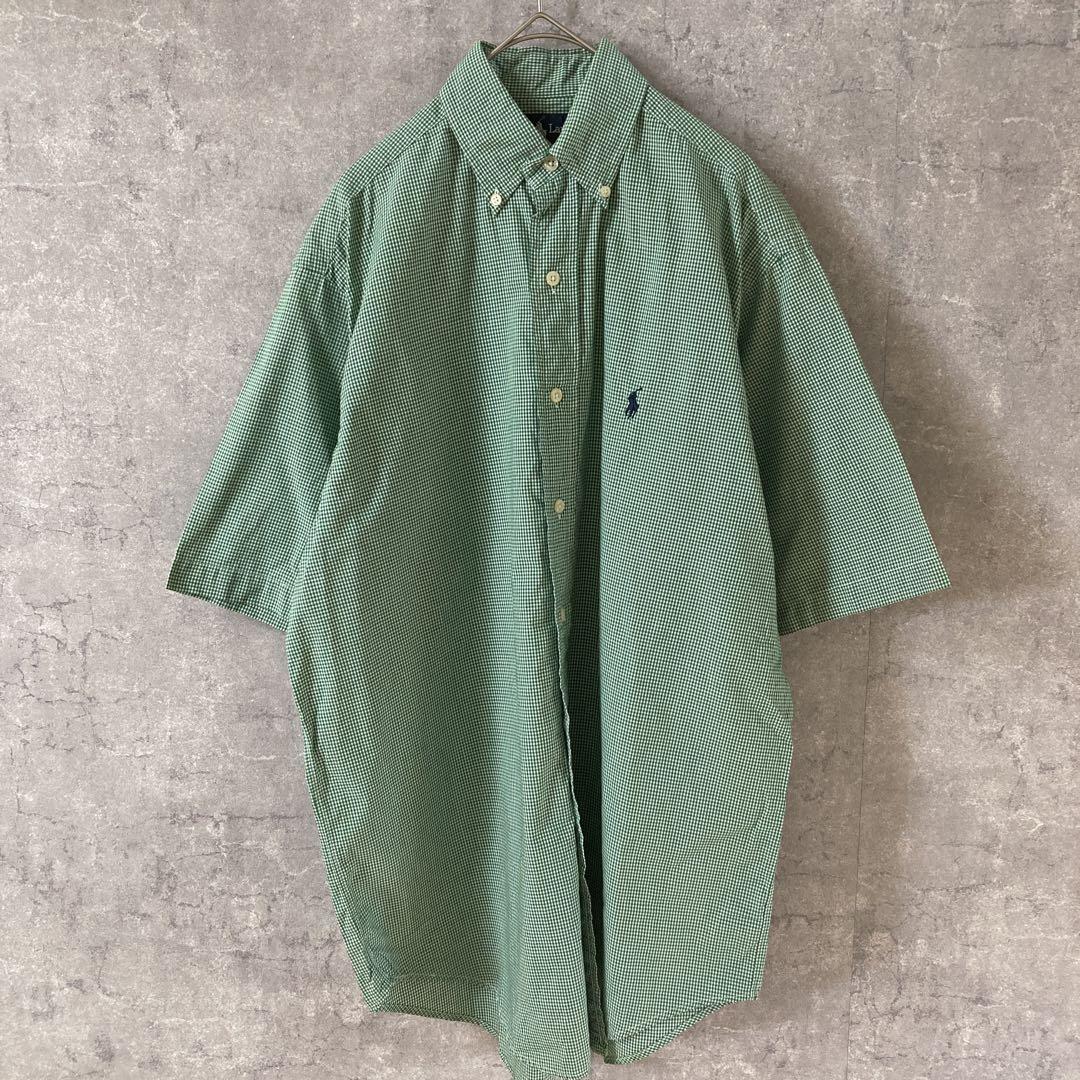 ラルフローレン BLAIRE半袖シャツ ビッグシルエット グリーングラムチェック拍卖
