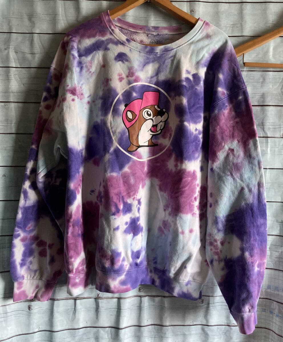 洗濯済♪海外直輸入USA古着トレーナー/メキシコ企業物【BUC-EE'S/バッキーズ】超希少なXLサイズ/紫色系タイダイ柄/GSスーパーチェーン拍卖