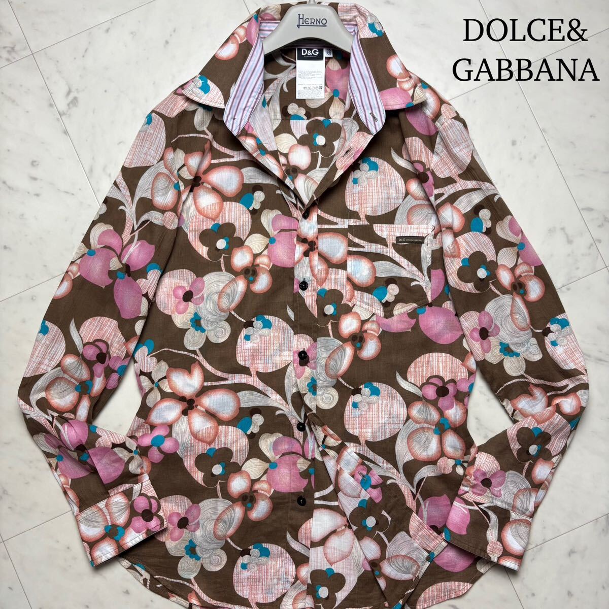 極美品/XL★ DOLCE&GABBANA ドルチェ&ガッバーナ 総柄 シアーシャツ アロハ ドレスシャツ 長袖 トップス 大きいサイズ 花柄 透け感 メンズ拍卖